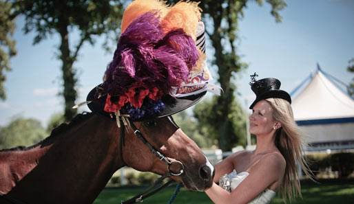 Beim ersten Hut-Tag für Pferde beim diesjährigen Meeting trägt die Stute Amber einen besonderen Kopfschmuck