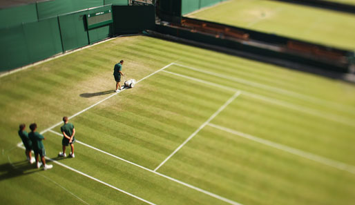 Der gute englische Tennis-Rasen hat an den ersten Tagen bereits ordentlich gelitten. Höchste Zeit für ein bisschen Gartenarbeit auf einem der Courts