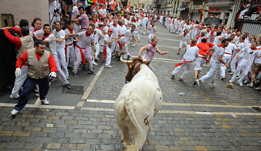 Willkommen in Pamplona - wie jedes Jahr findet hier das Stierlauffest statt. Dieser Bulle hat alle Zeit der Welt, um sich sein nächstes Opfer auszusuchen