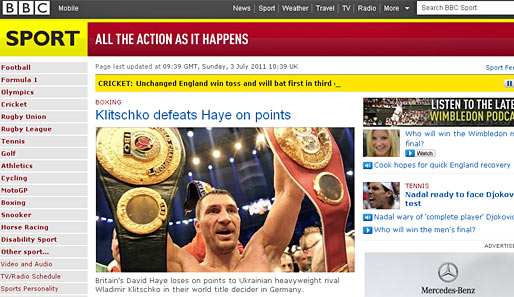 ENGLAND: Die Website des TV-Senders "BBC" gab sich betont sachlich. Klitschko schlägt Haye nach Punkten - Fakten, Fakten, Fakten...