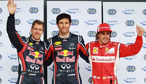 Außerdem reichte es ja auch so zur Pole-Position. Mark Webber war im Regen-Roulette Schnellster vor Sebastian Vettel und Fernando Alonso