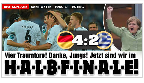 Keine Wortspiele bei der "Bild", dafür eindringlich und unverkennbar. Deutschland steht im Halbfinale und auch Kanzlerin Angela Merkel freut's