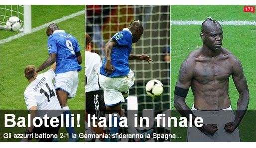 Der "Corriere dello Sport" zeigt die beiden entscheidenden Szenen des Spiels und Balotellis Jubel nach seinem Tor zum zwischenzeitlichen 2:0. Im Finale "fordert Italien Spanien heraus"