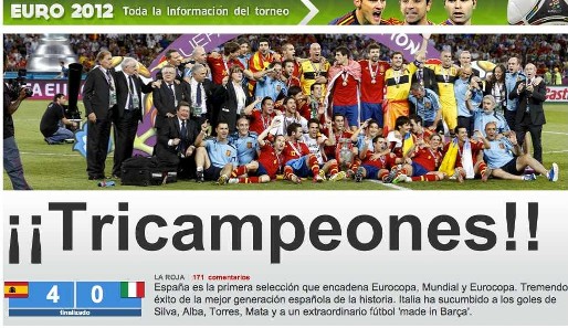 Auch "Mundo Deportivo" feiert die Tricampeones: "Spanien hatte eine Verabredung mit der Geschichte und war pünktlich..."