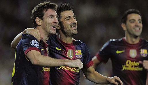 FC Barcelona - Spartak Moskau 3:2: Da sind sie nochmal mit einem blauen Auge davon gekommen, die Herren Messi (l.), Villa (M.) und Co.