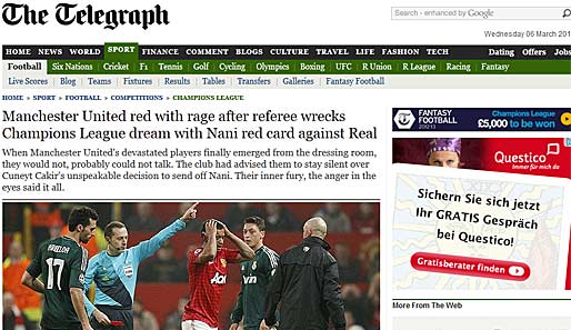 The Telegraph (England): "Manchester United rot vor Zorn nachdem der Schiedsrichter den Traum von der Champions League mit Nanis Roter Karte gegen Real zerstört"