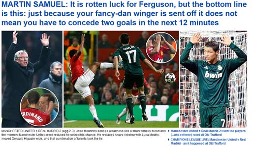 The Daily Mail (England): Ein anderer Ansatz hier: "Nur weil dein Flügelspieler vom Platz gestellt wird, heißt das nicht zwingend, in zwölf Minuten zwei Tore zu kassieren..."