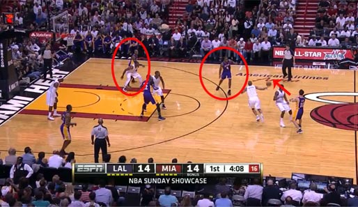 Nash passt weiter auf Jamison. Kobe ringt immer noch mit Miamis Dwyane Wade um jeden Zentimeter (Kreis links)