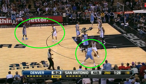 Warum Parker auch defensiv zur NBA-Elite gehört, zeigt er hier. Denvers Gallinari mit dem Ball (rechter Kreis), aber der Ball geht gleich rüber zu Lawson