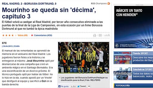 Die "Sport", ebenfalls aus Spanien, geht auf das dritte Verpassen der "Decima" von Jose Mourinho ein