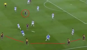 Der von Xavi angespielte Busquets wählt den direkten Pass zu Messi. Der hat nach der Ballannahme erneut mehrere Anspielstationen. Mit Iniesta (Kreis) nähert sich ein sechster Spieler an
