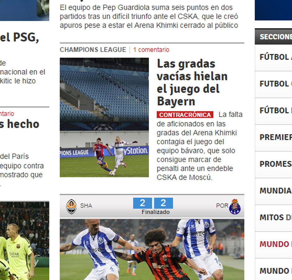Die "Mundo Deportivo" greift in die Metaphern-Kiste: "Die leeren Ränge lassen das Bayern-Spiel erfrieren"