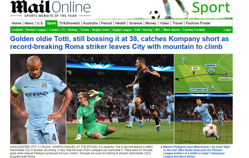 Auch die "Daily Mail" haut wieder einen raus: Totti? Der Chef. Und City? Die haben noch was vor sich.