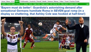 Bei der "Daily Mail" geht nach Peps Ansage, die Bayern müssten noch besser werden, die Angst um. "Sensationelle Deutsche demütigen Rom in einem SIEBEN-Tore-Spektakel (in einer so niederschmetternden Darbietung, dass Ashley Cole zur Halbzeit raus musste!)"