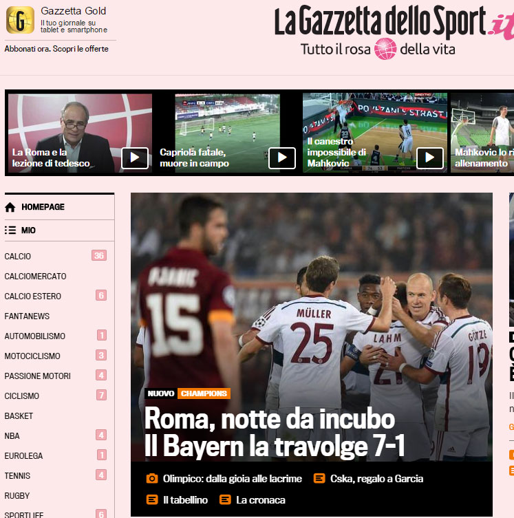 Die italienischen Medien gingen mit der Roma nach dem 1:7 im eigenen Stadion gegen die Bayern hart ins Gericht. Die "Gazzetta dello Sport" sprach von einer "albtraumhaften Nacht"...