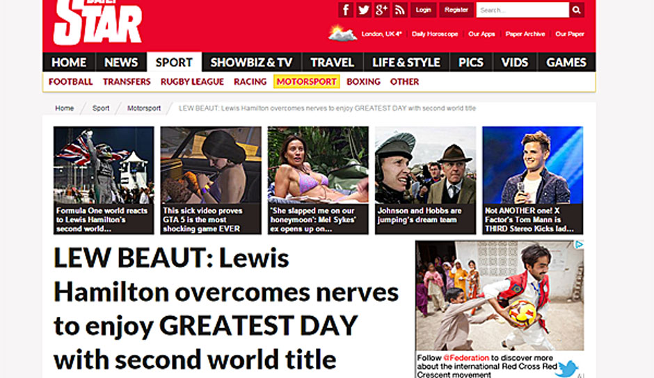 Der "Daily Star" reiht sich im Wortspiel ein: "LEW Beaut: Lewis Hamilton besiegt seine Nerven und freut sich über seinen größten Tag mit dem zweiten Weltmeistertitel"