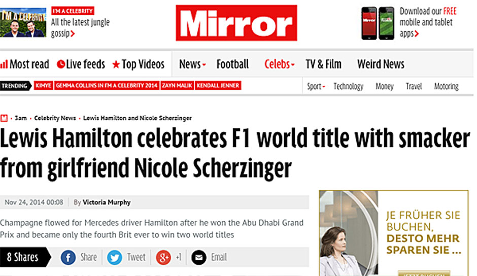 Die englische Presse nimmt natürlich auch die Freundin des Briten ins Visier. Der "Daily Mirror" schreibt: "Hamilton feiert Formel 1-Titel mit Schmatzer von Freundin Nicole Scherzinger"