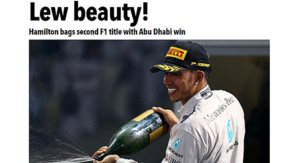Die "Sun" betitel den neuen Weltmeister als: "Lew beauty! Hamilton schnappt sich seinen zweiten F1-Titel mit dem Sieg in Abu Dhabi"