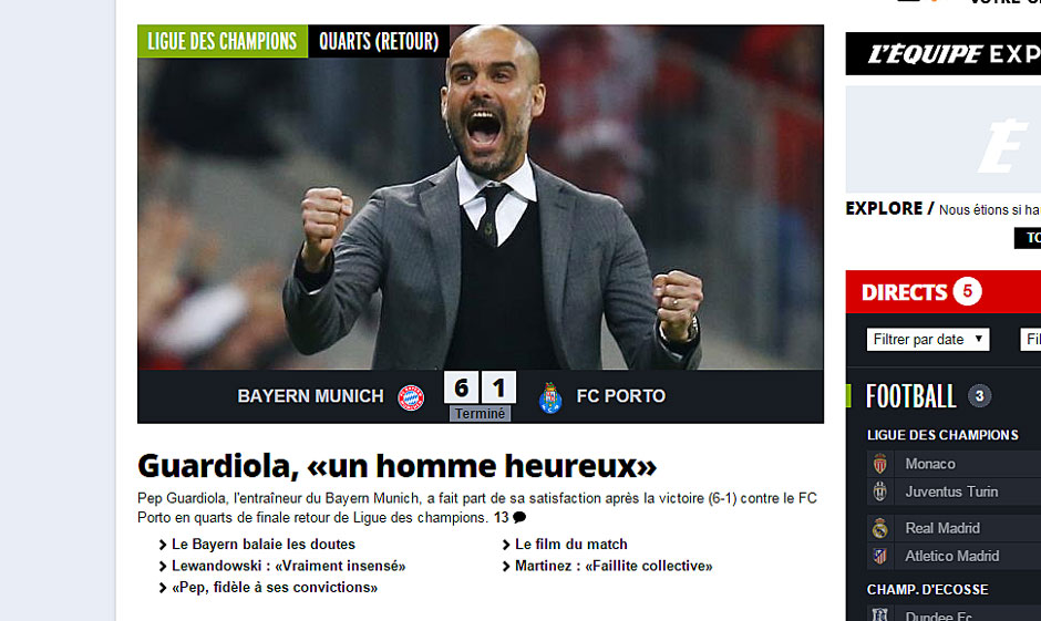 Die L'Equipe widmet sich ebenfalls dem Bayern-Coach: "Guardiola, ein glücklicher Mensch"