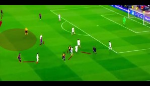 Diesmal setzen Alves, Messi und Suarez nach Ballverlust nach. Rakitic und Busquets decken die nächsten Anspielstationen, Iniesta und Alba verteidigen den Restraum.