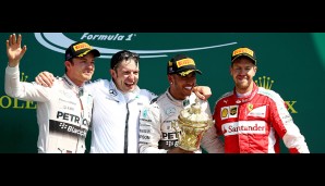 Das Trio auf dem Podest: 1. Hamilton, 2. Rosberg, 3. Vettel