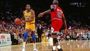 Wachablösung! In den Finals von 1991 waren die Chicago Bulls für die alternden Lakers zu stark. Michael Jordan gewinnt seinen ersten Titel und läutet eine neue Dynastie ein