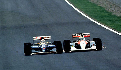 1991: Senna vs. Mansell. Ein harter Fight. Im Finale von Suzuka fliegt Mansell allerdings von der Strecke. Senna krönte sich erneut zum Weltmeister
