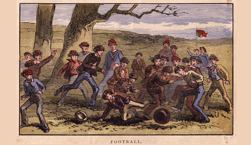 Um 1850: Die Dorfjugend veranstaltet so etwas wie ein Spiel. Der Künstler ließ es sich nicht nehmen "Football" dazuzuschreiben