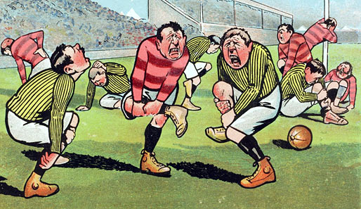 Um 1900 hat ein Illustrator seine Gedanken zu einem Fußball-Freundschaftsspiel in diesem Bild ausgedrückt