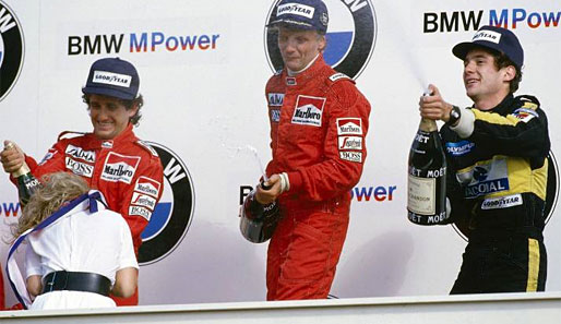 Lauda feierte in 171 Rennen nicht weniger als 25 Siege in der Königsklasse des Motorsports (hier vor Alain Prost und Ayrton Senna)