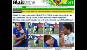 Stets genial: Die elend langen Online-Überschriften der "Daily Mail". Suarez' Biss-Hattrick weckt Erinnerungen an "Jaws 3" (deutscher Titel: "Der weiße Hai")