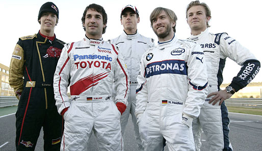 Das deutsche Quintett: Sebastian Vettel, Timo Glock, Adrian Sutil, Nick Heidfeld, Nico Rosberg (v.l.)