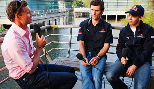 Coulthard (l.) in seiner Eigenschaft als "BBC"-Experte im Gespräch mit Vettel (r.) und Webber