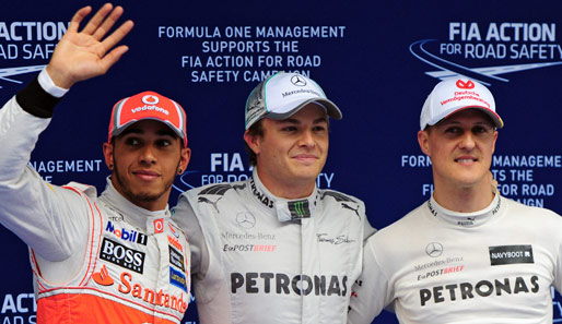 Das Shanghai-Siegerpodest 2012: Rosberg vor seinem neuen und dem damaligen Teamkollegen