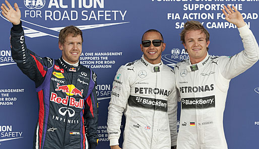 Auch das Podium im Rennen? Hamilton und Rosberg (beide r.) hatten gegen Vettel die Nase vorne