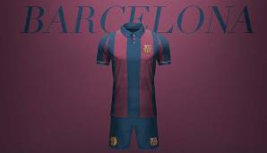 Auch beim FC Barcelona setzt Sansolini auf eine andere Farbgebung des Logos und weitere Akzente in Gold. Den Kragen ziert eine Knopfleiste.