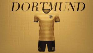 Borussia Dortmund läuft nicht gestreift, sondern komplett in gelb auf. Auffällig sind die Applikationen an Kragen, Ärmelabschlüssen und Hose.