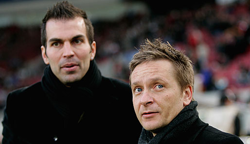 Markus Babbel (l.) und Horst Heldt: Noch steht der Manager zu seinem Trainer