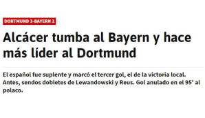 AS (Spanien): "Alcacer stürzt Bayern in einem nervenzermürbenden Klassiker und spielt sich weiter in die Herzen der BVB-Fans. Der Spanier brachte den Westen Deutschlands mit seinem Siegtor zum Beben. Kovac steht nun mehr denn je zur Debatte."
