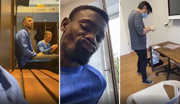 Szenen des Skandal-Videos: Salomon Kalou filmt in der Kabine von Hertha BSC, wie Abstände nicht eingehalten werden und sogar, wie der Arzt einen Coronatest durchführt.