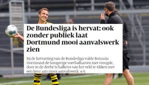 De Volkskrant: "Dortmund zeigt auch ohne Publikum großartige Offensive. Die Welt der Bundesliga muss auch weiterlaufen, sonst rollt aus dem Geldhahn kein klingender Euro mehr. Es mag ein Ersatz ohne Zuschauer sein, aber Ersatz ist besser als nichts."