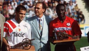 Saison 1992/93, Anthony Yeboah (Eintracht Frankfurt) und Ulf Kirsten (Bayer Leverkusen): 20 Tore - Torschützenkönig.