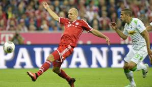 Saison 2013/14: Arjen Robben (FC Bayern München) beim 3:1 gegen Borussia Mönchengladbach am 9. August 2013.