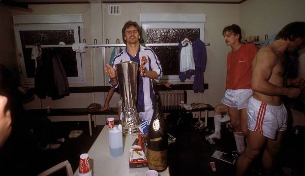 Götz with the UEFA Cup trophy after beating Espanyol Barcelona in the 1988 final.