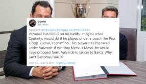 Viele Barca-Fans haben den Schuldigen derweil identifiziert. "Valverde hat Blut an seinen Händen", sagt dieser Anhänger erbost, er mache die Spieler nicht besser und sei ein "Krebsgeschwür" für den Klub.