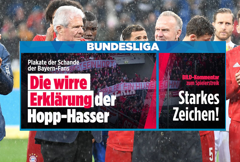 Die Bild-Zeitung spricht von "Hopp-Hassern", lobt den Spielerstreik und bezeichnet die Begründung der Bayern-Fans für ihr Plakat als "wirre Erklärung".