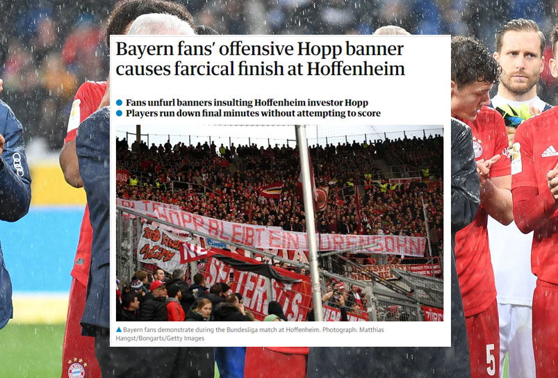 Der englische Guardian konzentriert sich vor allem auf das "possenhafte Ende" der Partie als Reaktion auf das beleidigende Banner.