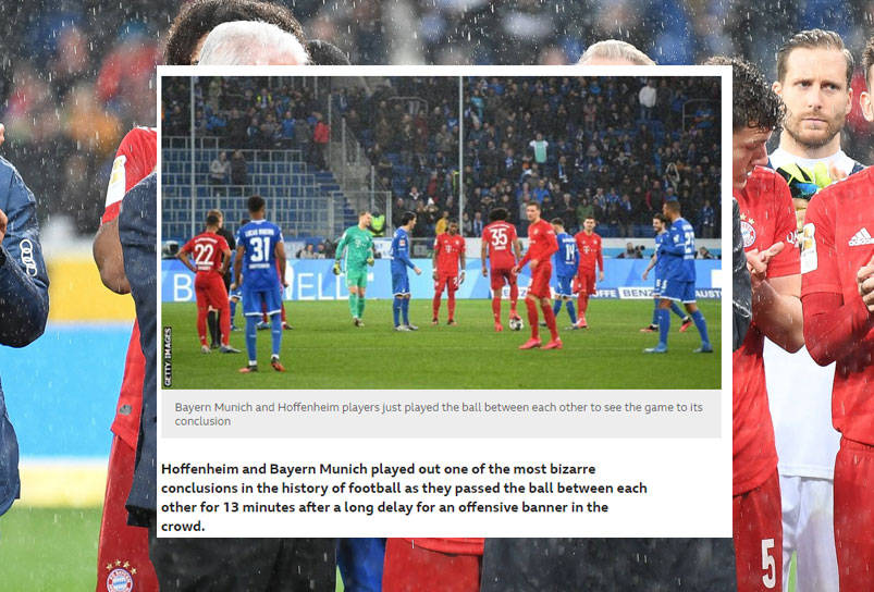BBC: "Hoffenheim und Bayern haben eines der bizarrsten Spielenden in der Geschichte des Fußballs geboten. Sie haben den Ball nach einer Verzögerung wegen eines beleidigenden Banners 13 Minuten lang nur hin- und her gepasst."