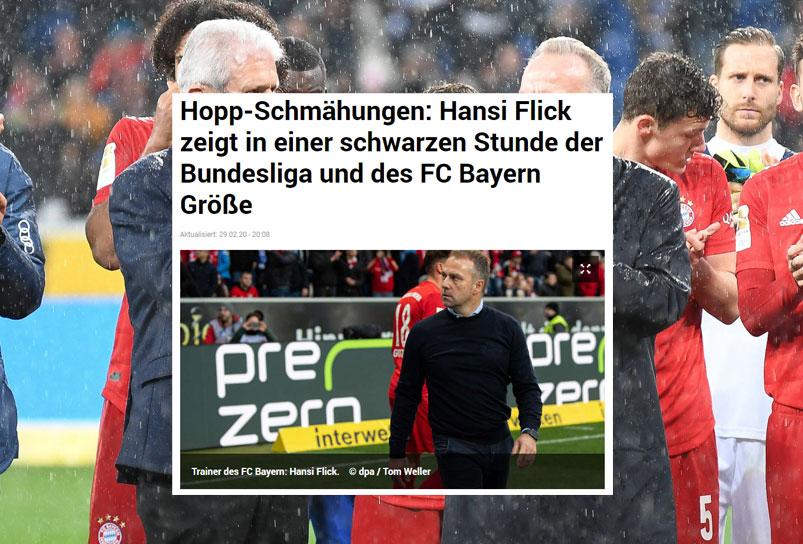 Die tz aus München lobt vor allem die Reaktion von Bayern-Coach Hansi Flick, der in der "schwarzen Stunde" sofort zum Block gelaufen war und gegen das Banner protestiert hatte.