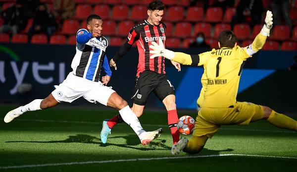 Lucas Alario erzielt das 1:0 für Bayer Leverkusen gegen Arminia Bielefeld.